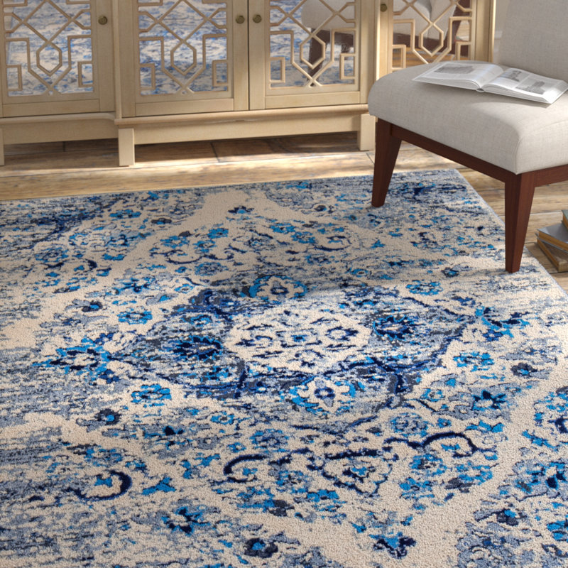 Bungalow Rose Three Lakes Distressed Floral Motif Blue/Gray Area Rug